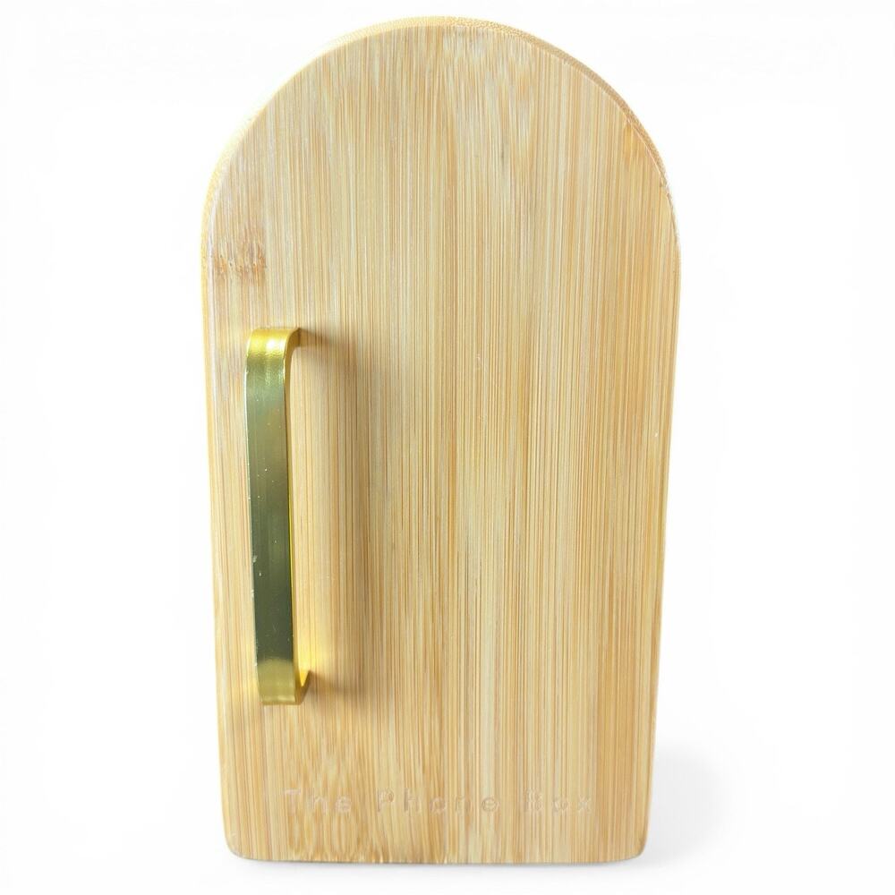 The Phone Box Cell Phone Bamboo Storage Box Gold Magnetic Door Holds 6 Phones
